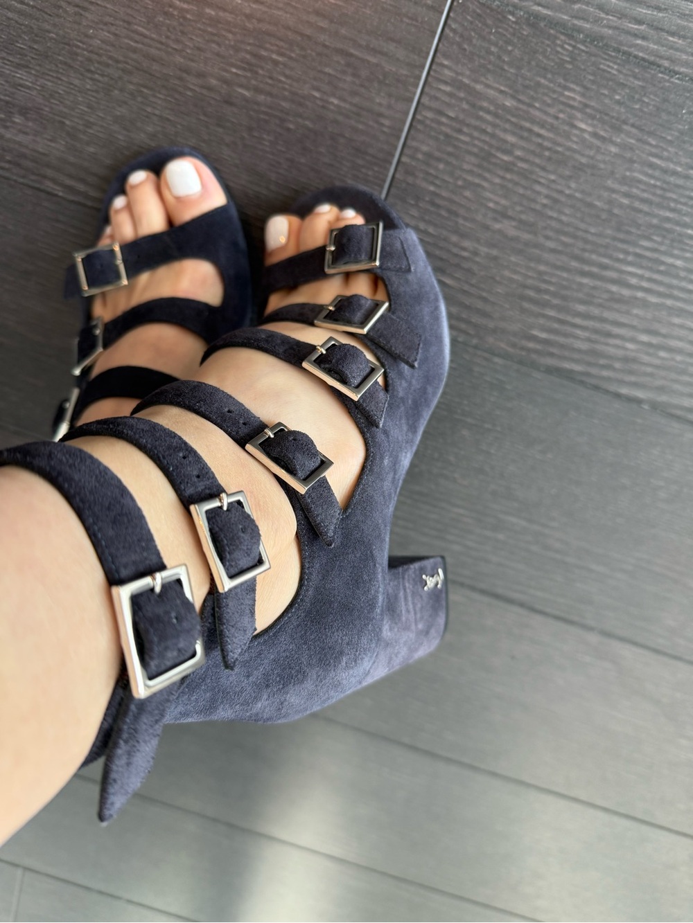 Yves Saint Laurent Navy Suede Multi-Buckle Block Heel Sandals
